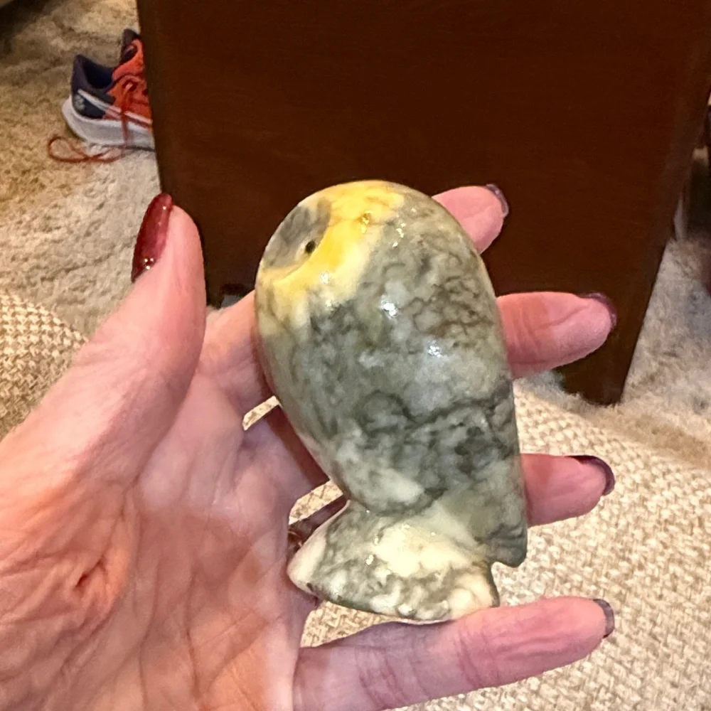 Handcrafted Stone Owl Figurine - Yellow and Gray